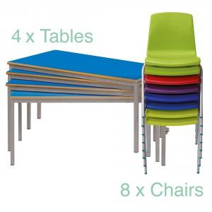 Classroom Packs, 4 Fully Welded Tables (1200x600x760mm), 8 NP Chairs Package