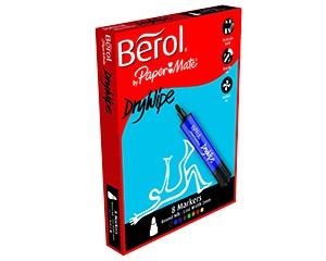 Berol Drywipe Markers, Round Tip, Assorted Colours, Pack of 8