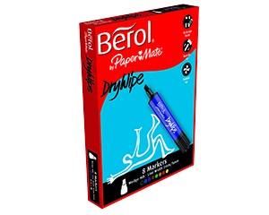 Berol Drywipe Markers, Chisel Tip, Assorted Colours, Pack of 8